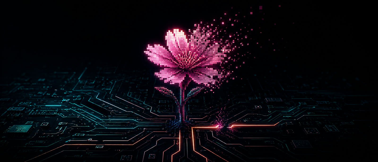 Une fleur en pixels qui éclot d'un circuit imprimé — la signature PIXELBLOOM : faire fleurir votre business grâce à l'IA